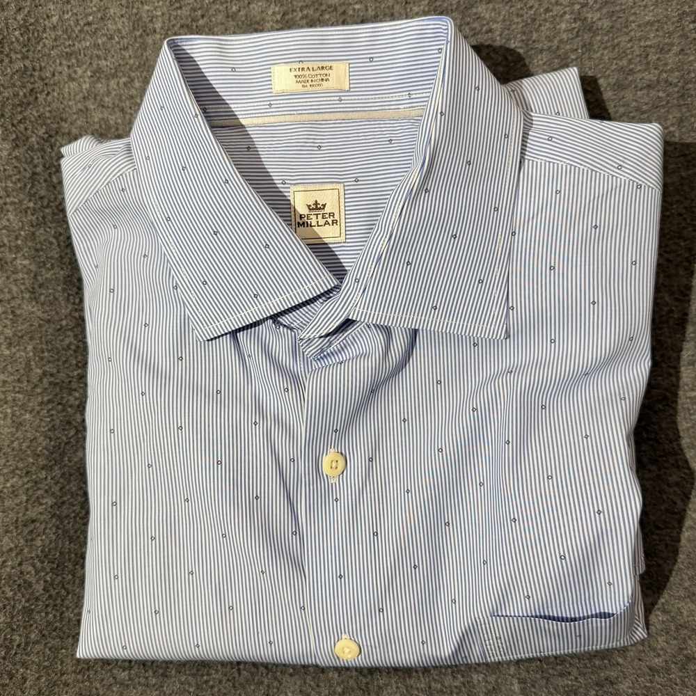 Peter Millar Button Down Shirt Mens XL Blue White Stripe Geometric Good Cotton